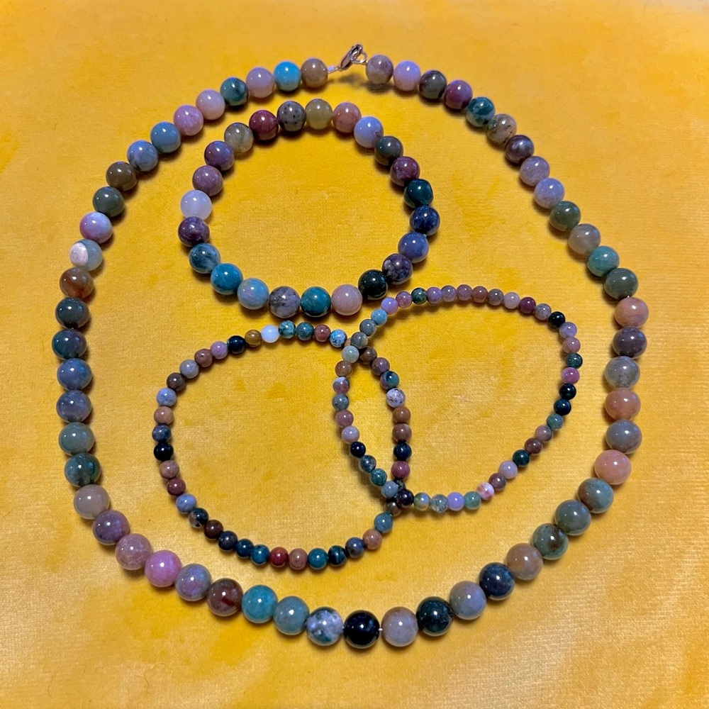 Indian Agate Necklace and 3 Bracelet Stack Set
